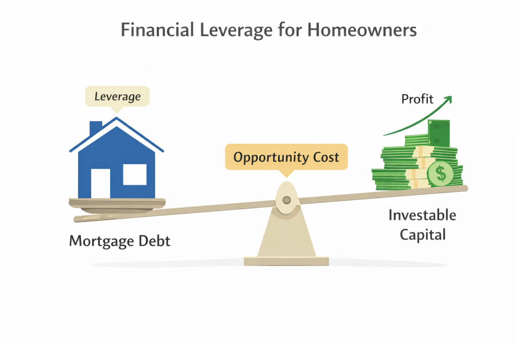 Financial leverage for homeowners showing mortgage debt vs investable capital with opportunity cost and profit illustrated