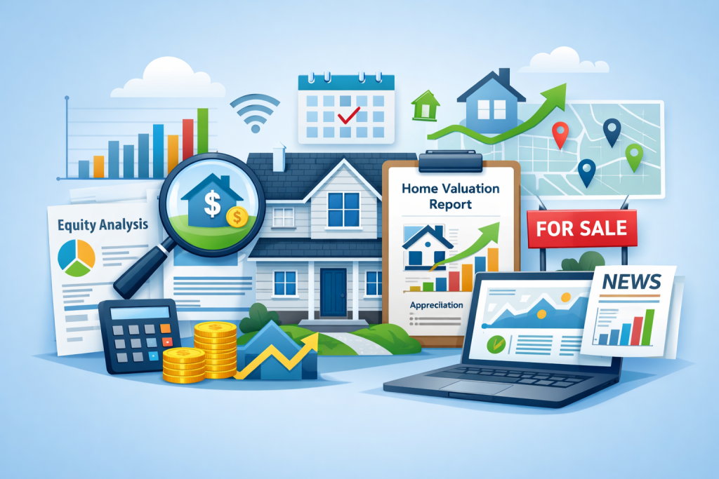 Homeowner tools showing home valuation reports, equity analysis, and real-time market insights